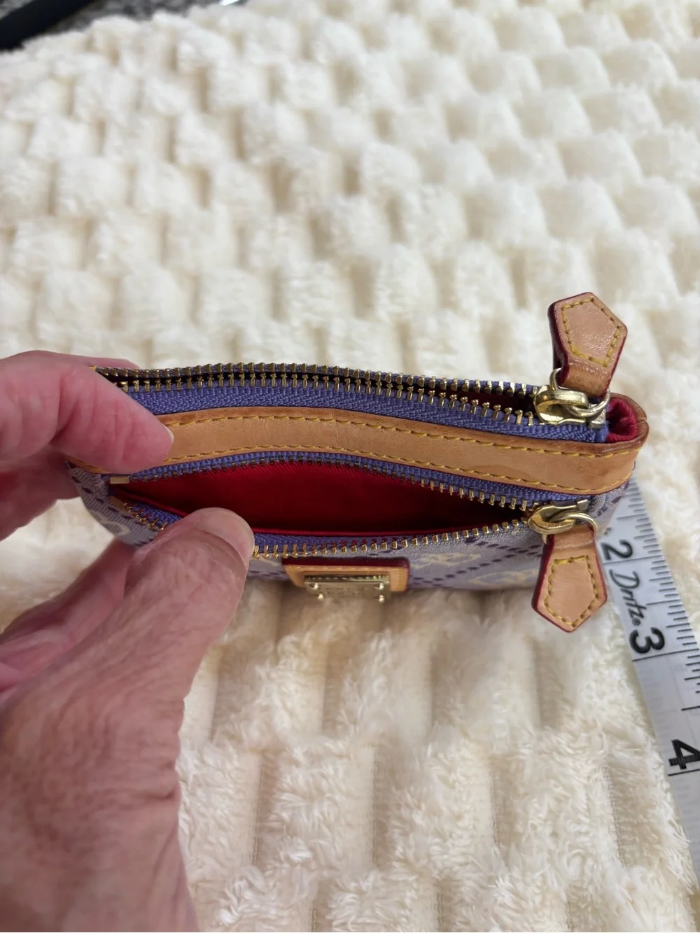 Dooney & Bourke Lavender Purple and Tan Key Card Holder with Gold Chain